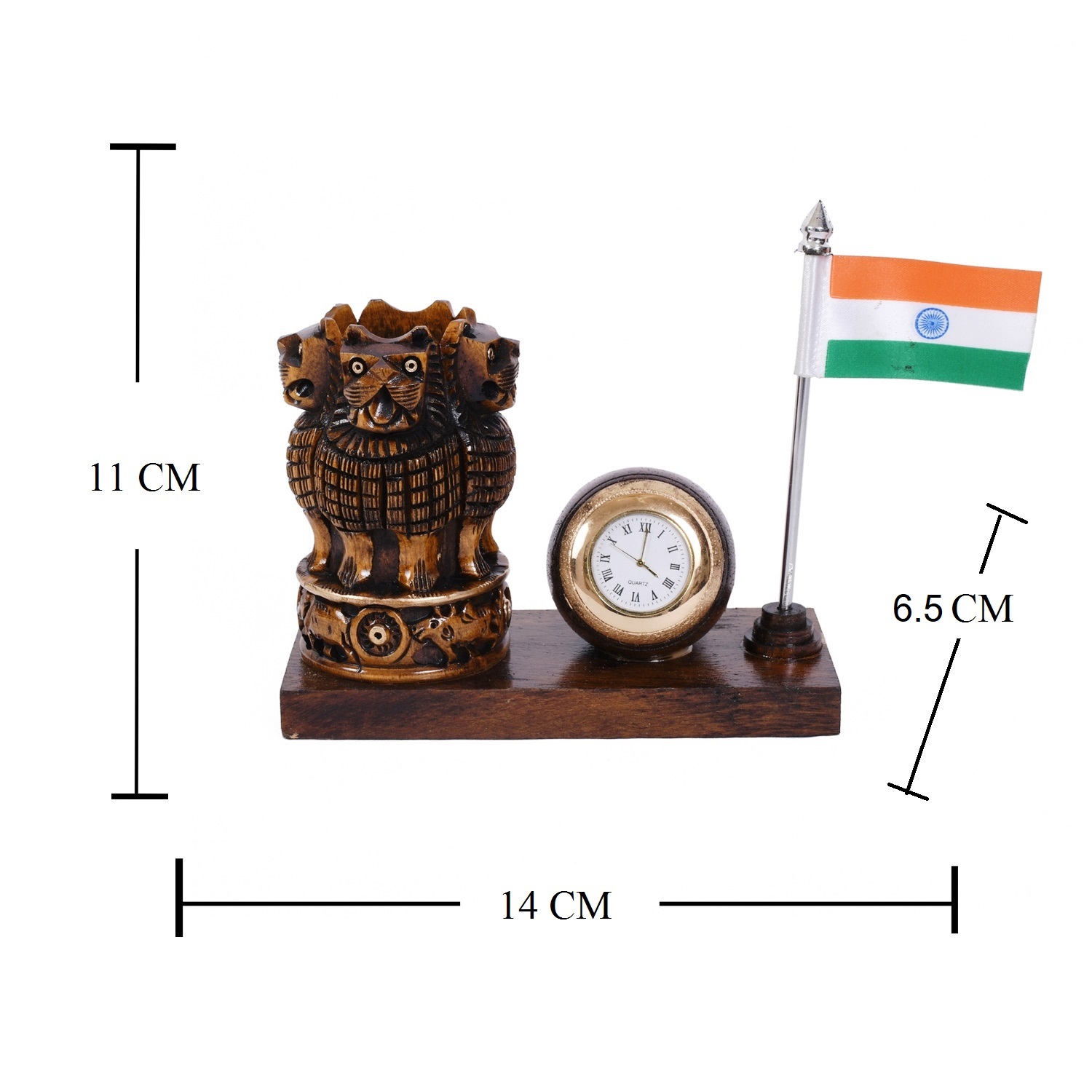 Wooden Ashok Stambh Shape Pen Stand with Table Clock & Flag for Office Use and Gift - Image 5