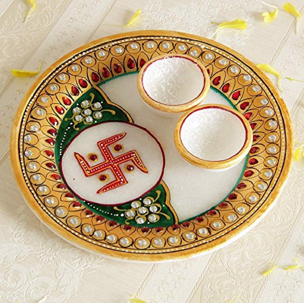 Rajasthani Handicrafts Marble Pooja Thali Set with Roli Rice Pack ( Size 6x6 Inch ) - Image 2