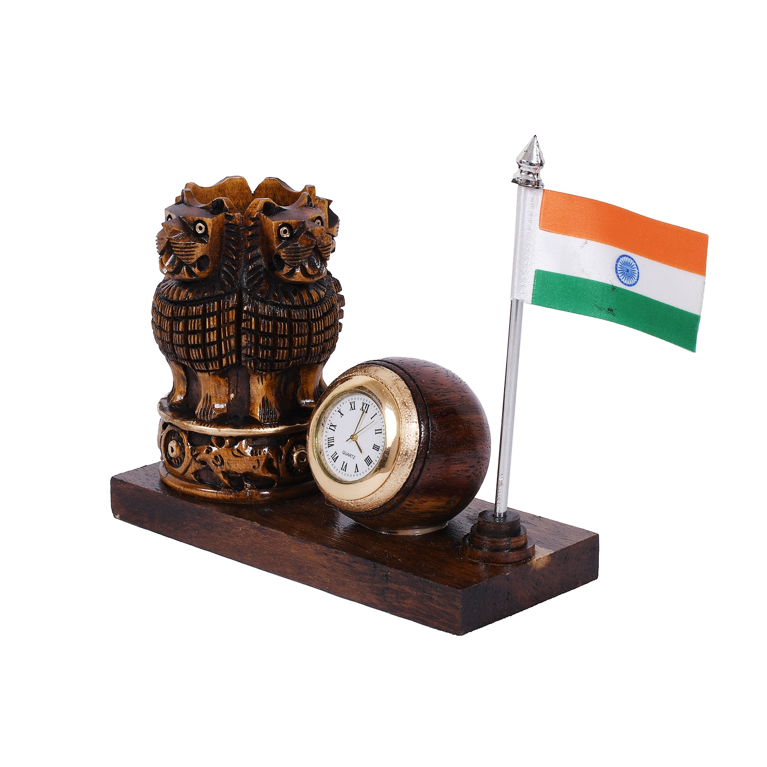 Wooden Ashok Stambh Shape Pen Stand with Table Clock & Flag for Office Use and Gift - Image 3