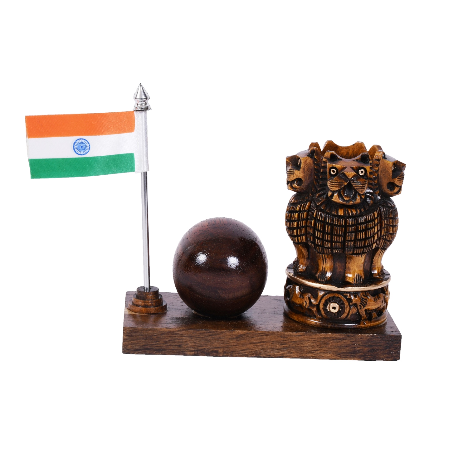 Wooden Ashok Stambh Shape Pen Stand with Table Clock & Flag for Office Use and Gift - Image 4