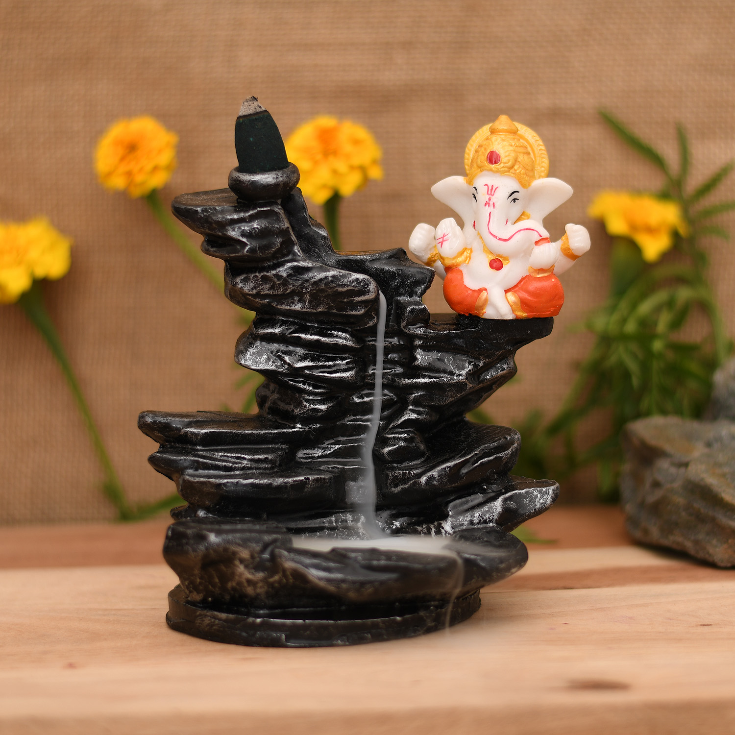 Ganesha Sitting Near Fountain Smoke Backflow Cone Incense Holder Decorative Showpiece with 10 Free Smoke Backflow Scented Cone - Image 2