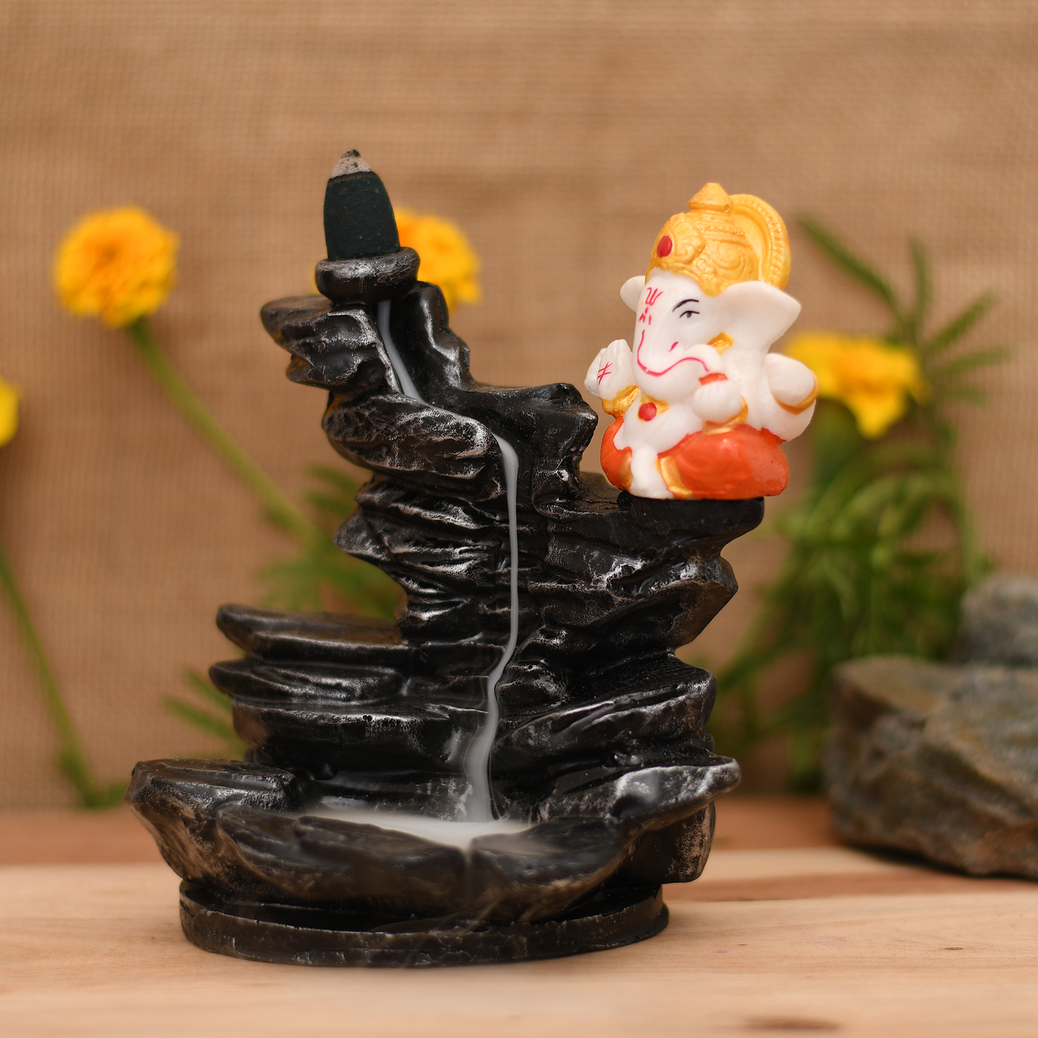 Ganesha Sitting Near Fountain Smoke Backflow Cone Incense Holder Decorative Showpiece with 10 Free Smoke Backflow Scented Cone - Image 3