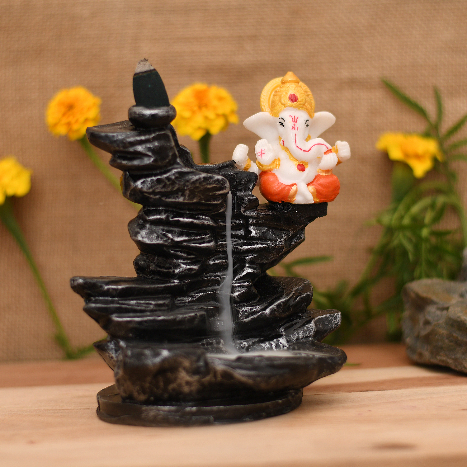Ganesha Sitting Near Fountain Smoke Backflow Cone Incense Holder Decorative Showpiece with 10 Free Smoke Backflow Scented Cone - Image 4
