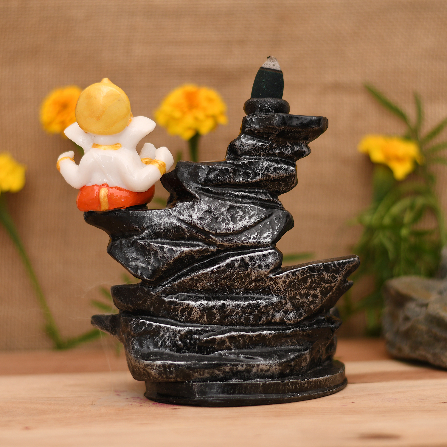 Ganesha Sitting Near Fountain Smoke Backflow Cone Incense Holder Decorative Showpiece with 10 Free Smoke Backflow Scented Cone - Image 5