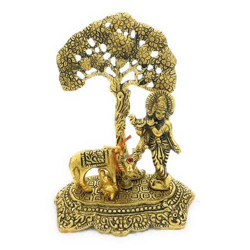 Metal Krishna Idol Murti with Kamdhenu Cow - Image 3