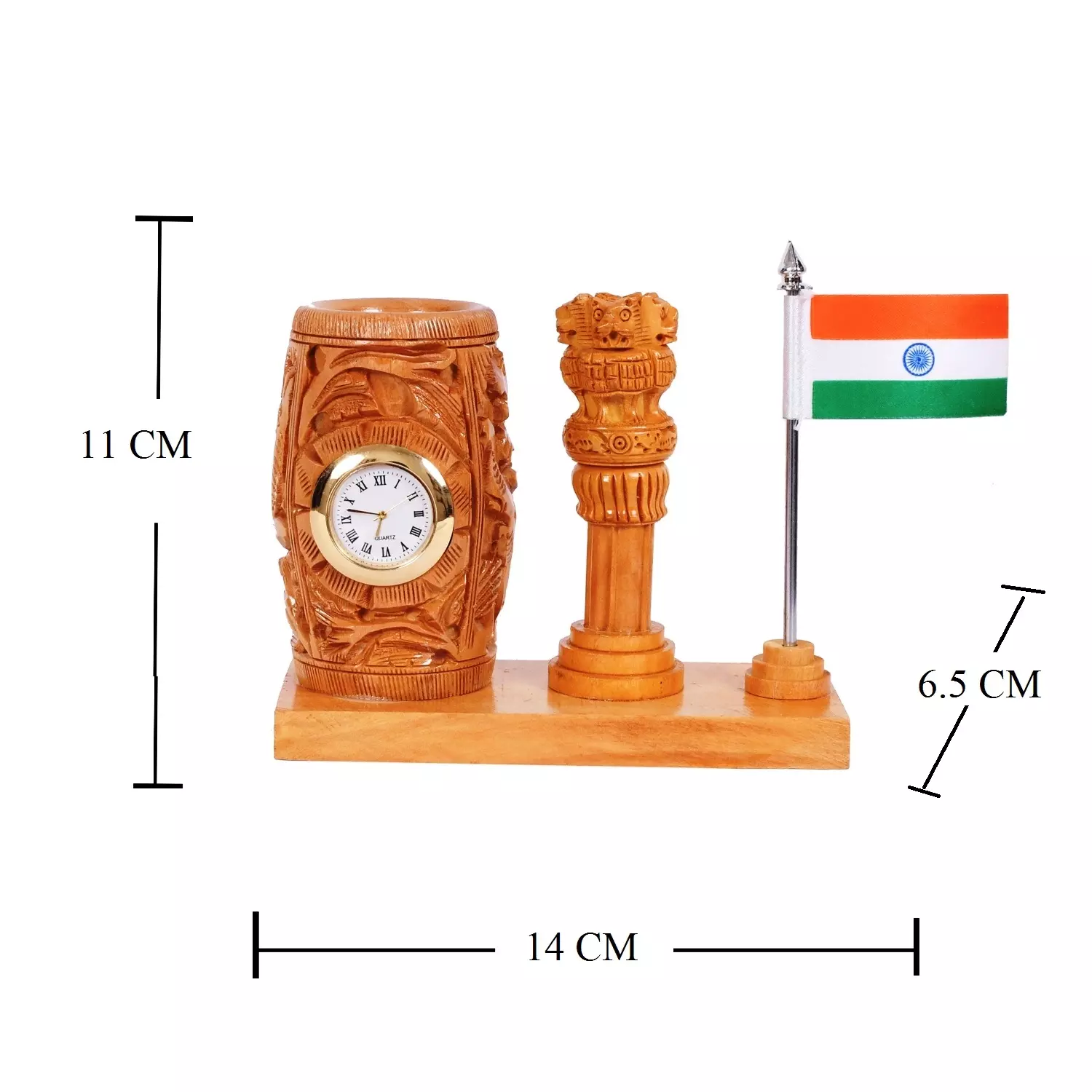 Pen Stand with Table Clock, Ashok Stambh & Flag for Child Desk, Office Use and Gifts - Image 6