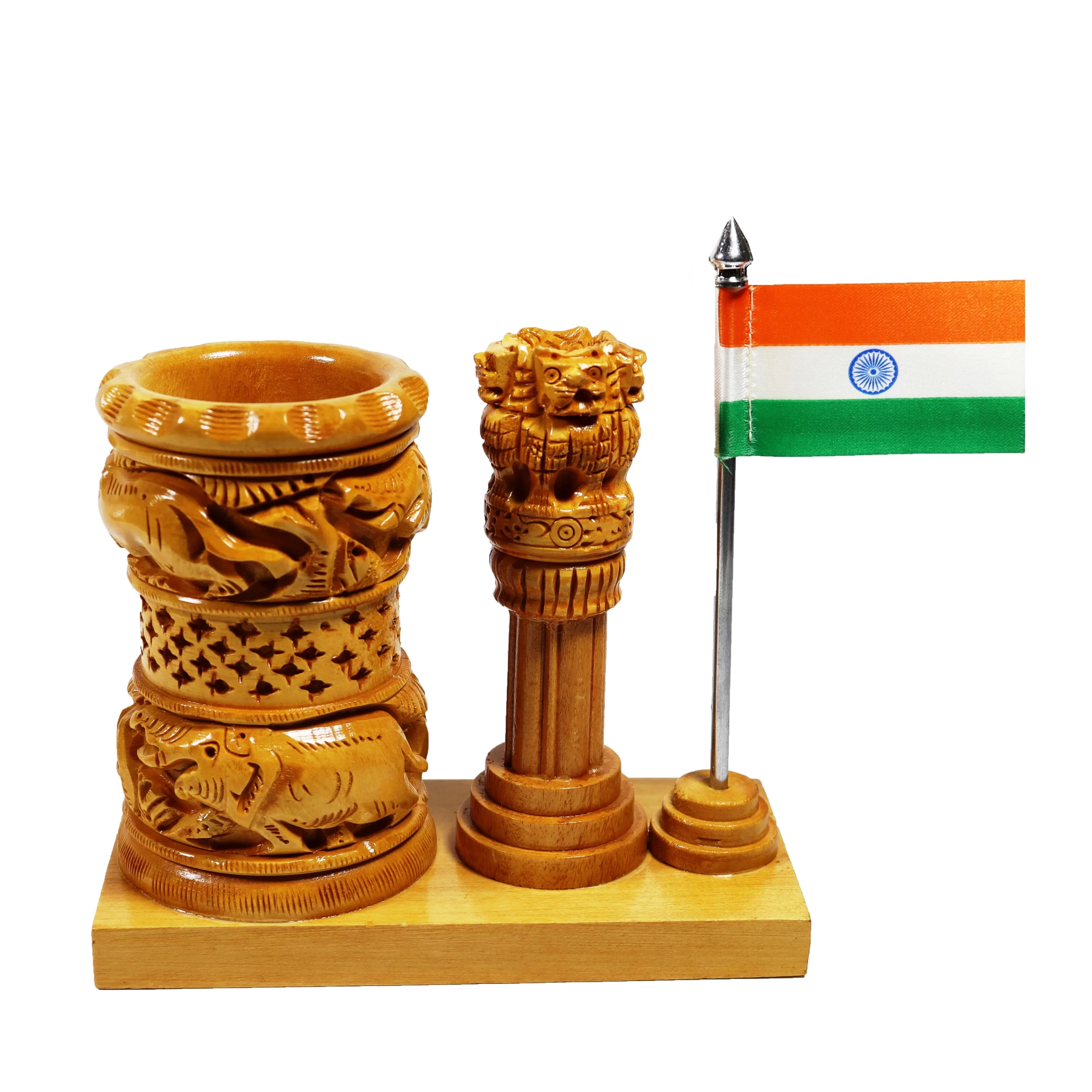 Wooden Pen Stand Ashok Stambh & Flag for Child Desk, Office Use - Image 2