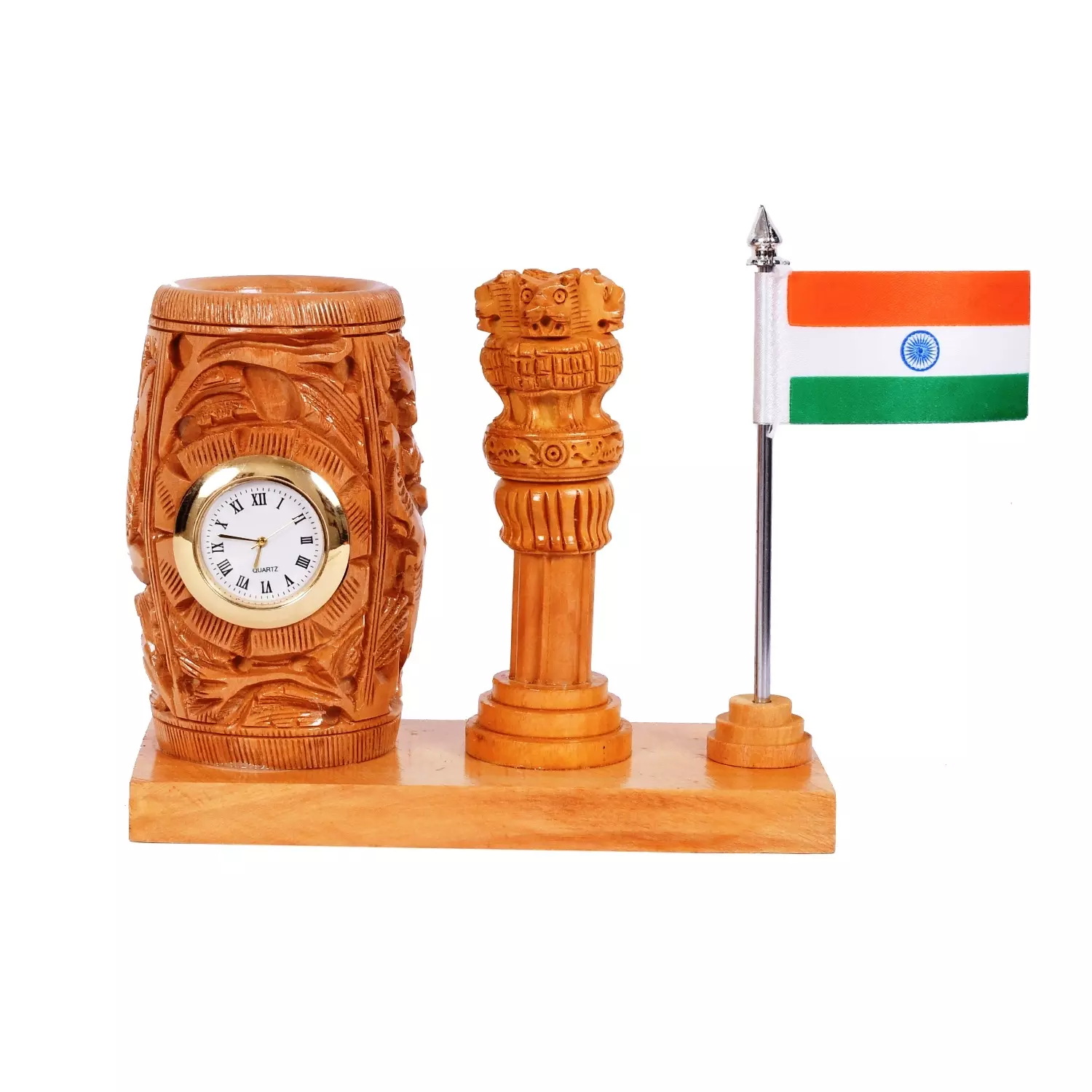 Pen Stand with Table Clock, Ashok Stambh & Flag for Child Desk, Office Use and Gifts - Image 5