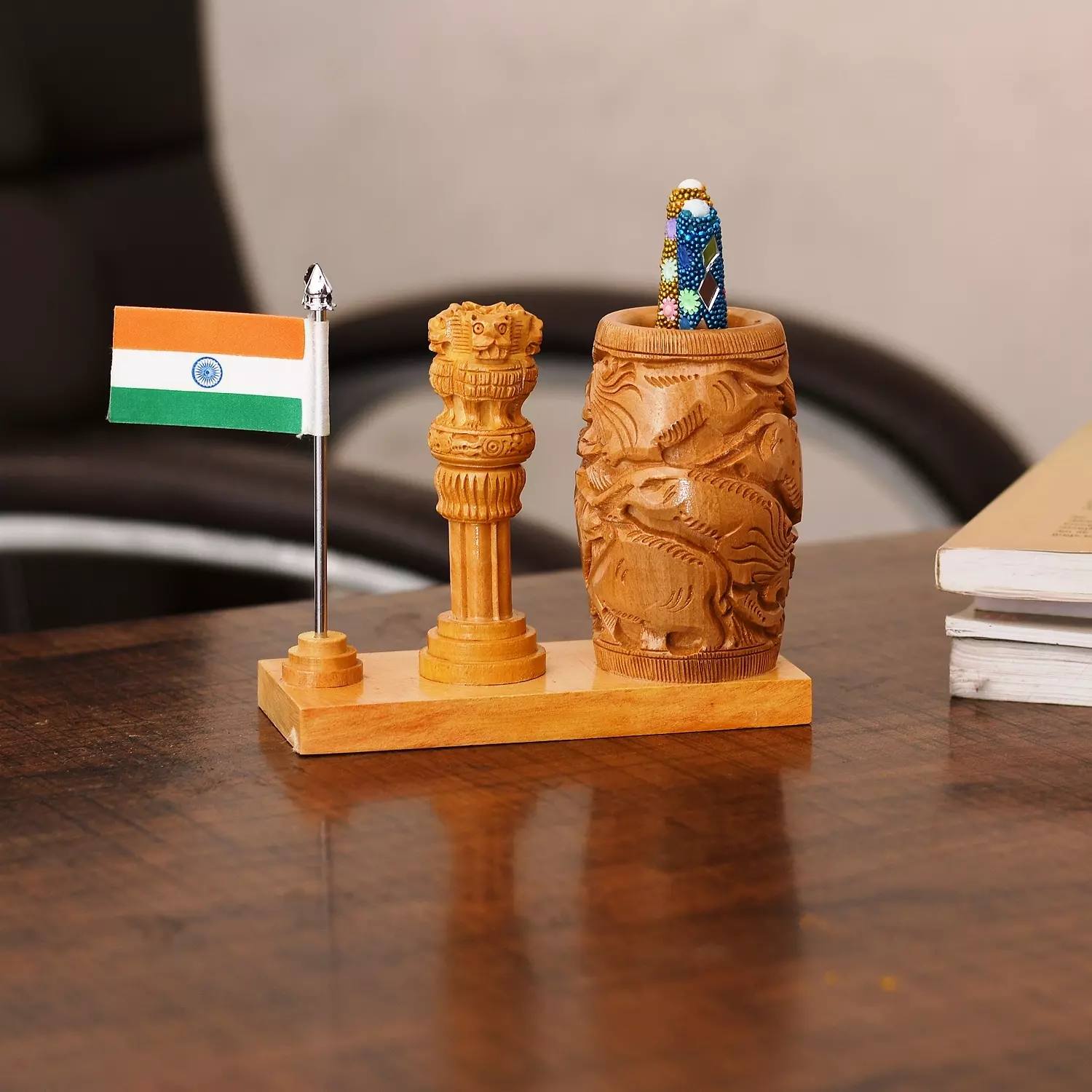 Pen Stand with Table Clock, Ashok Stambh & Flag for Child Desk, Office Use and Gifts - Image 4