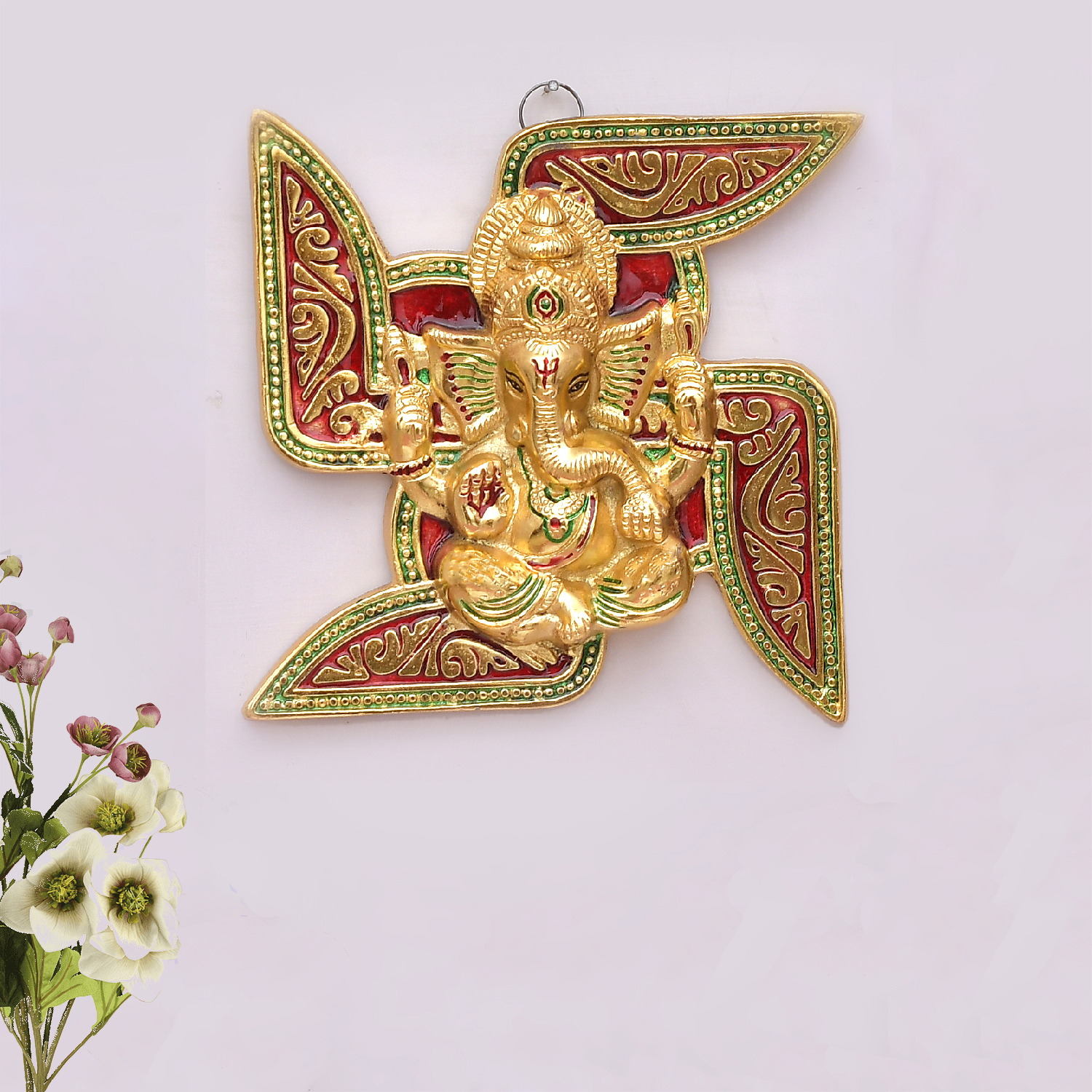 Craftam Alloy Metal Lord Ganesha Swastika Wall Hanging Showpiece Figurine | Metal Handcrafted Decorative Showpiece for Wall D?cor, Wall Hangings, Home D?cor, Diwali D?cor - Gold