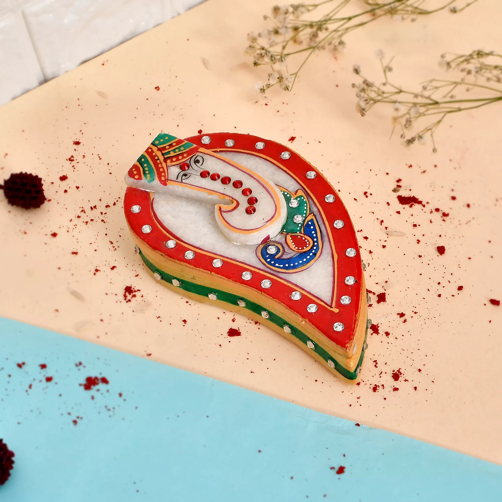 Marble GaneshaShape Rajasthani Handicrafts Roli Chawal Haldi Kumkum Holder