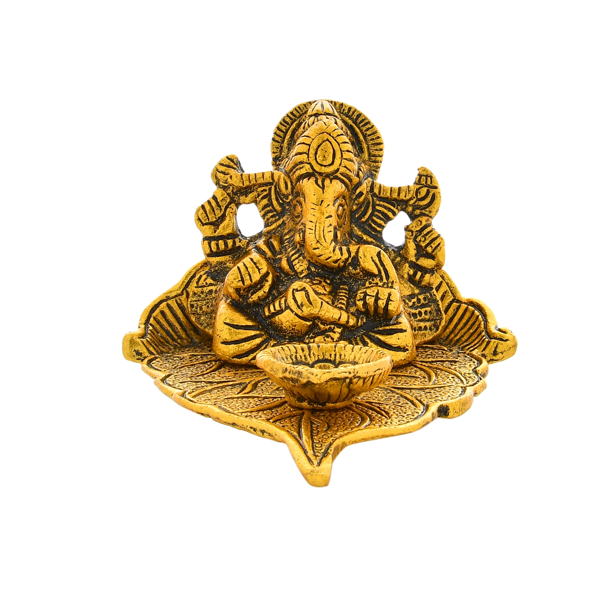 Ganesh idol for Gift : Metal Lord Ganesh on Leaf with Diya Figurine Showpiece - Image 2