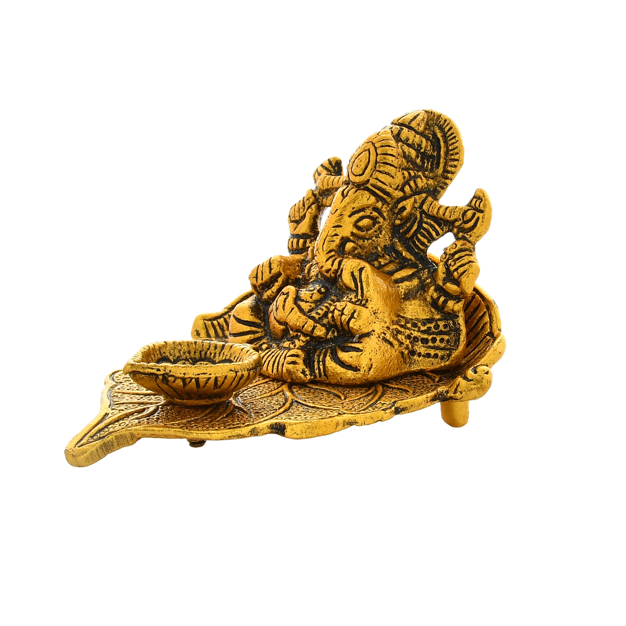 Ganesh idol for Gift : Metal Lord Ganesh on Leaf with Diya Figurine Showpiece - Image 3