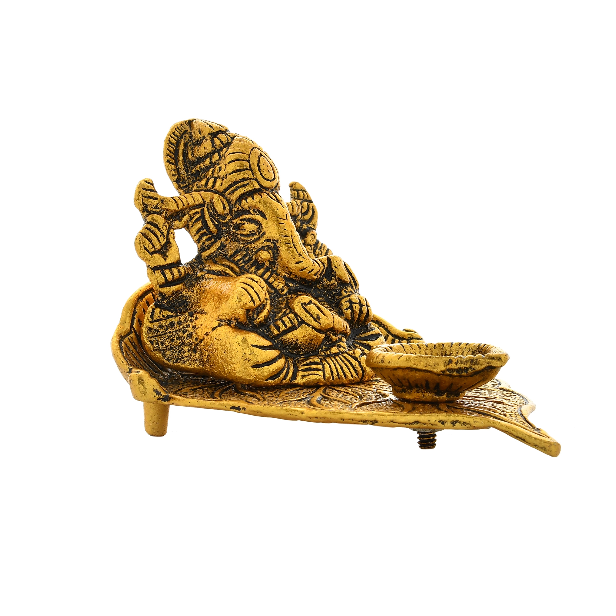 Ganesh idol for Gift : Metal Lord Ganesh on Leaf with Diya Figurine Showpiece - Image 4