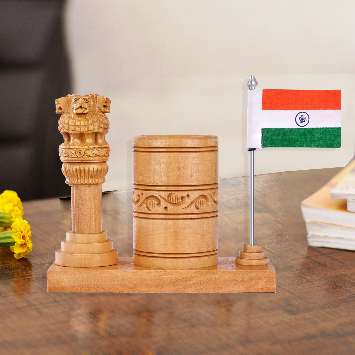 Wooden Pen Stand For Office Table Stylish With Ashok Stambh and Flag