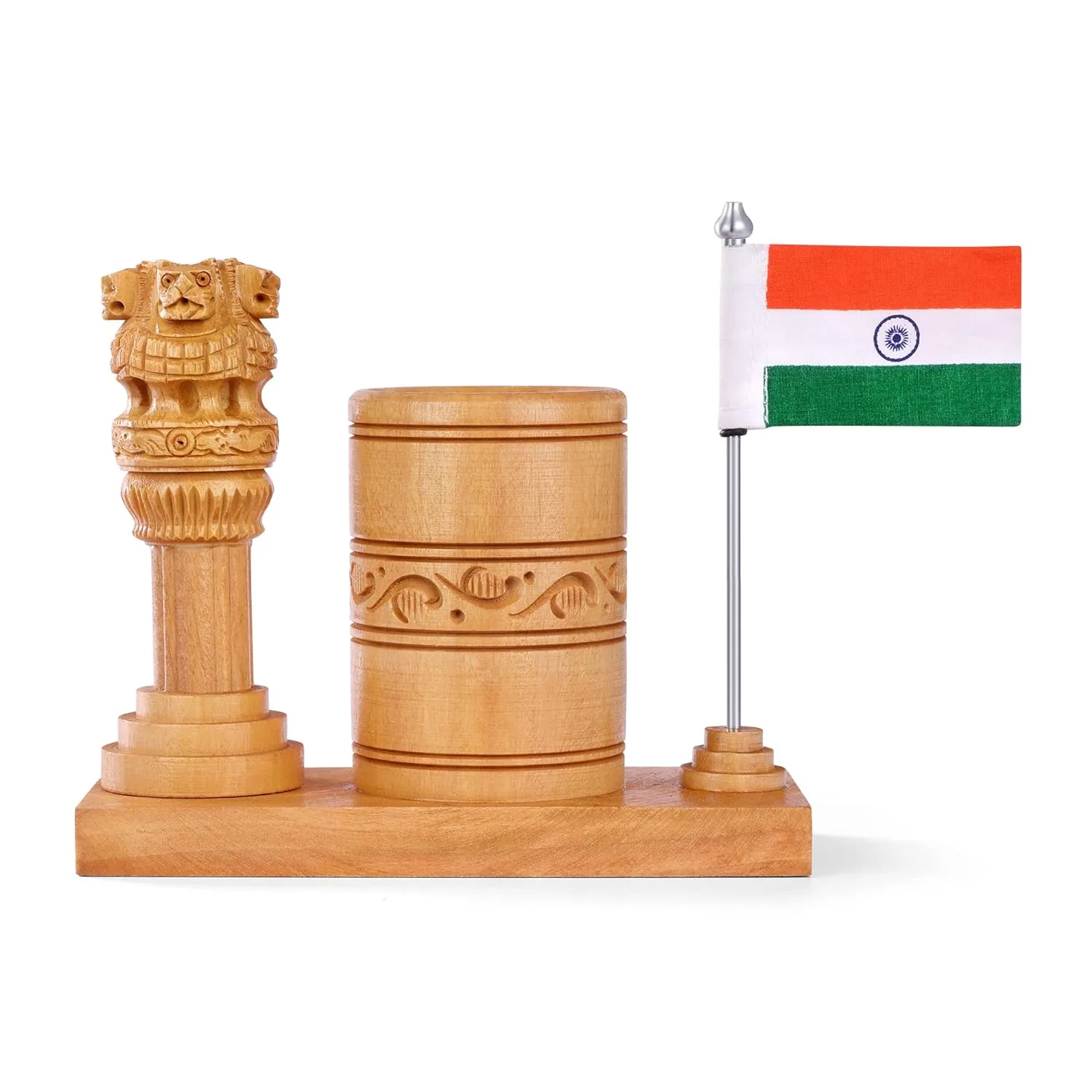 Wooden Pen Stand For Office Table Stylish With Ashok Stambh and Flag - Image 2