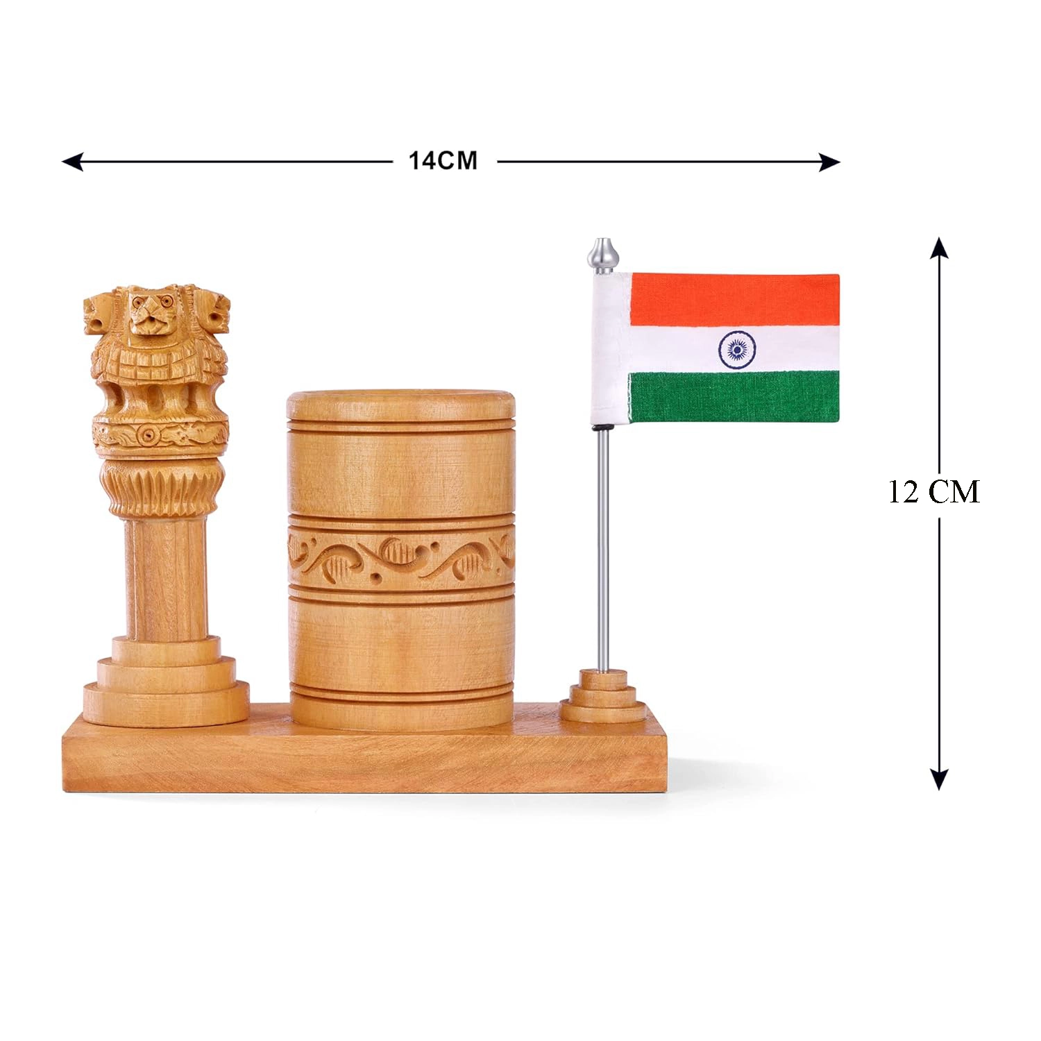 Wooden Pen Stand For Office Table Stylish With Ashok Stambh and Flag - Image 3