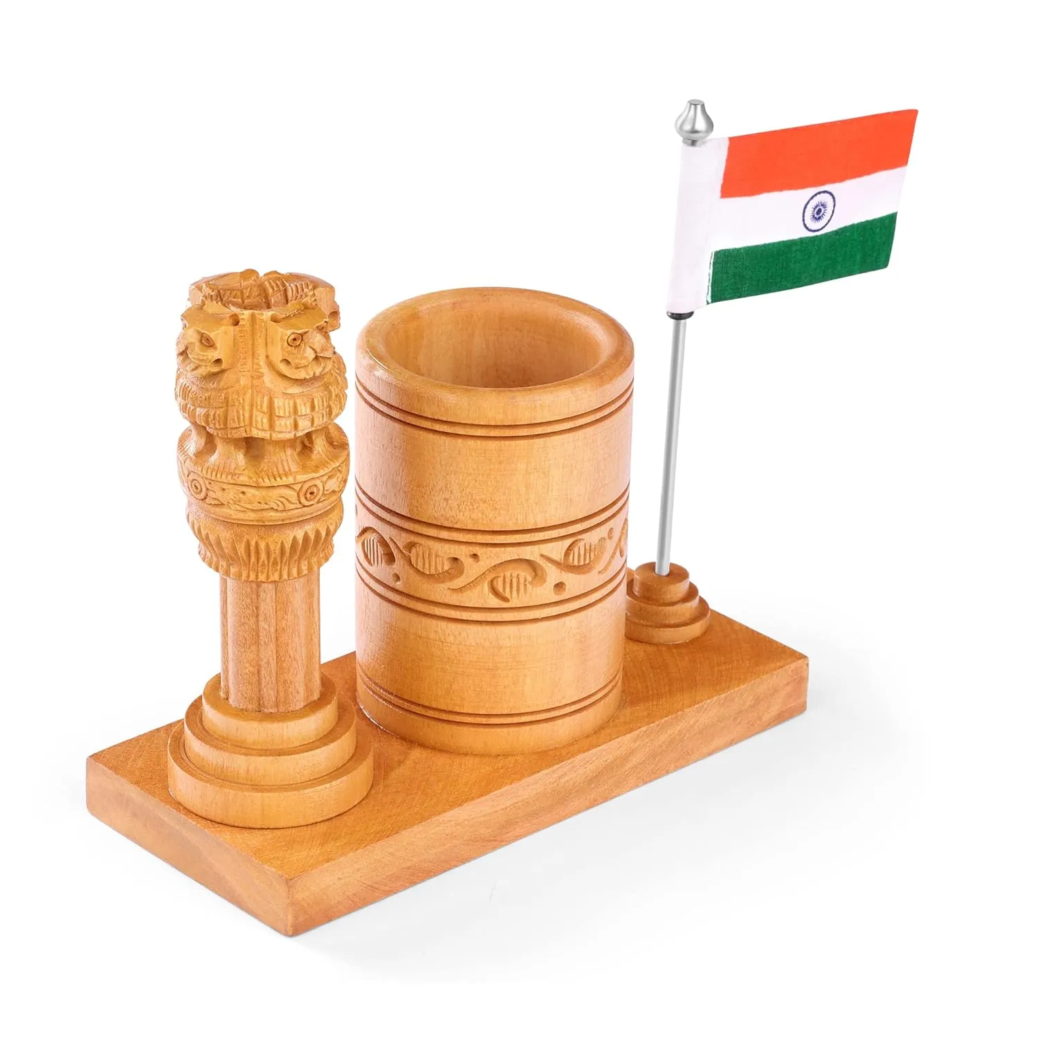Wooden Pen Stand For Office Table Stylish With Ashok Stambh and Flag - Image 4