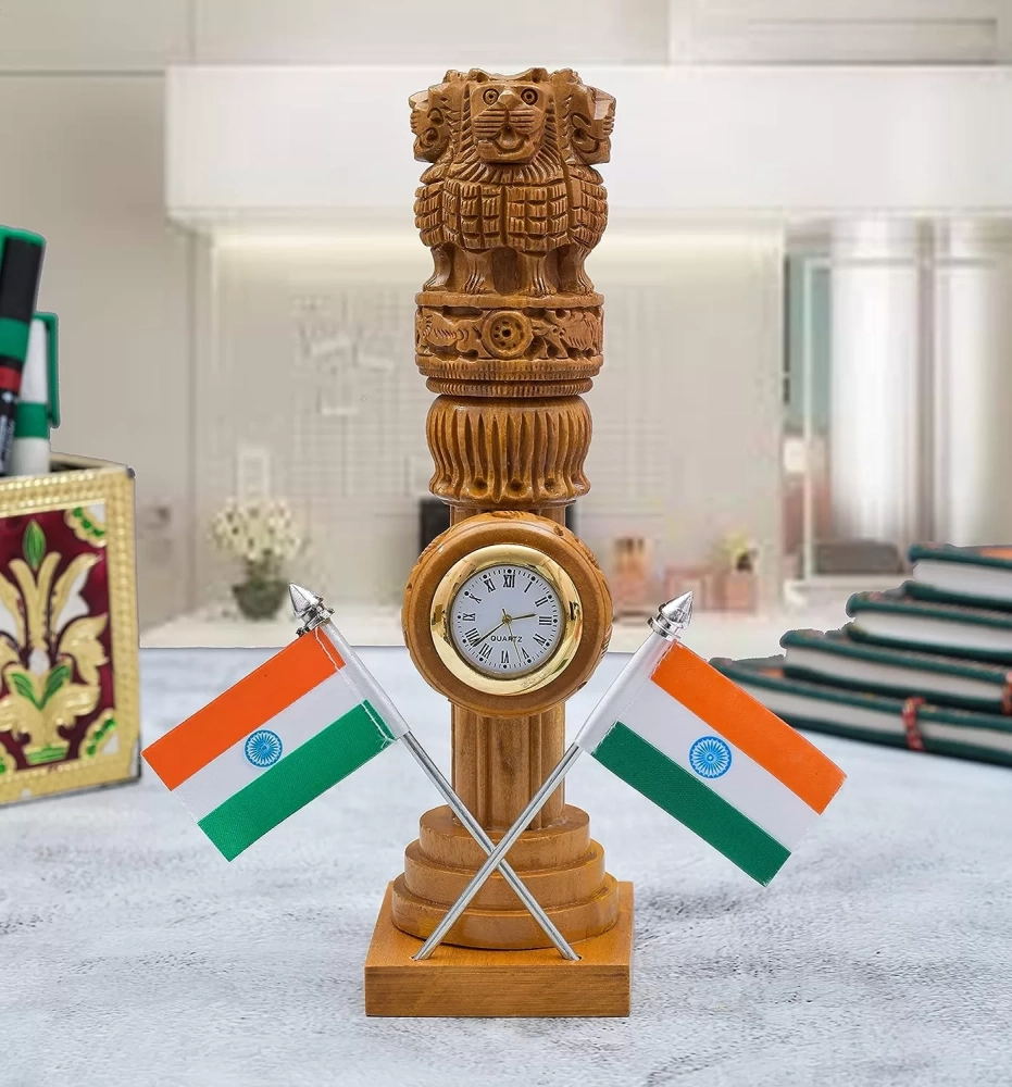 Wooden Ashok Stambh with 2 Flags & Clock for Home & Office Desk