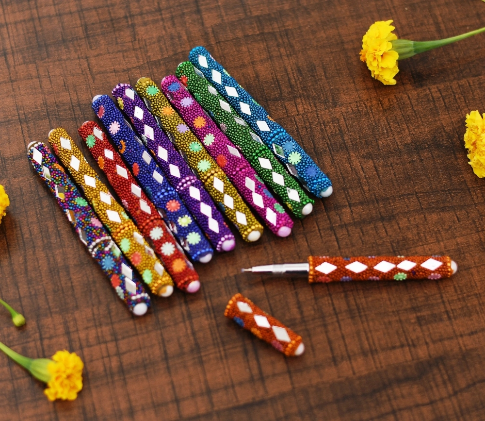 Rajasthani Handicrafts Lakh Mirror and Beats Work Ball Pen Set for Gift to Teacher (Blue Colour, 10 Pens)