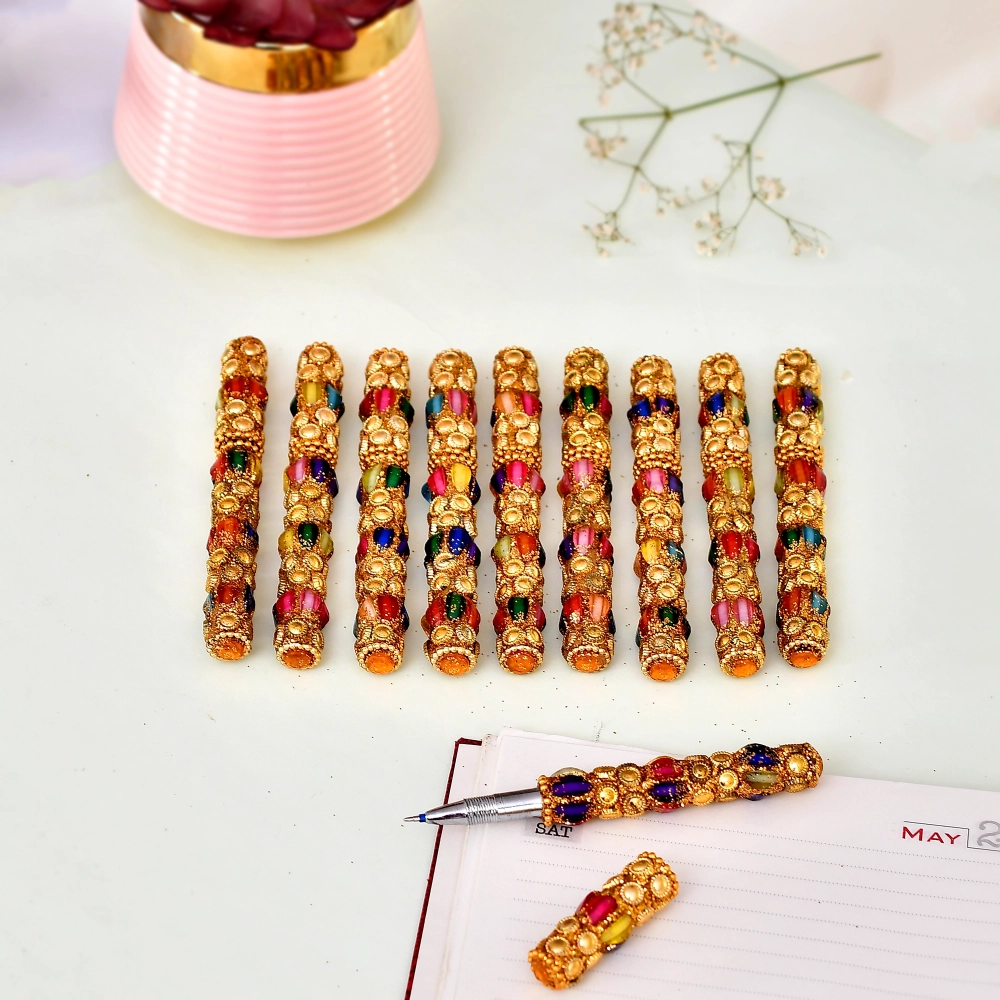 Handicrafts Lakh Beads and Mirror Working Blue Ball Pen for Best Teacher Gift (Set of 10)