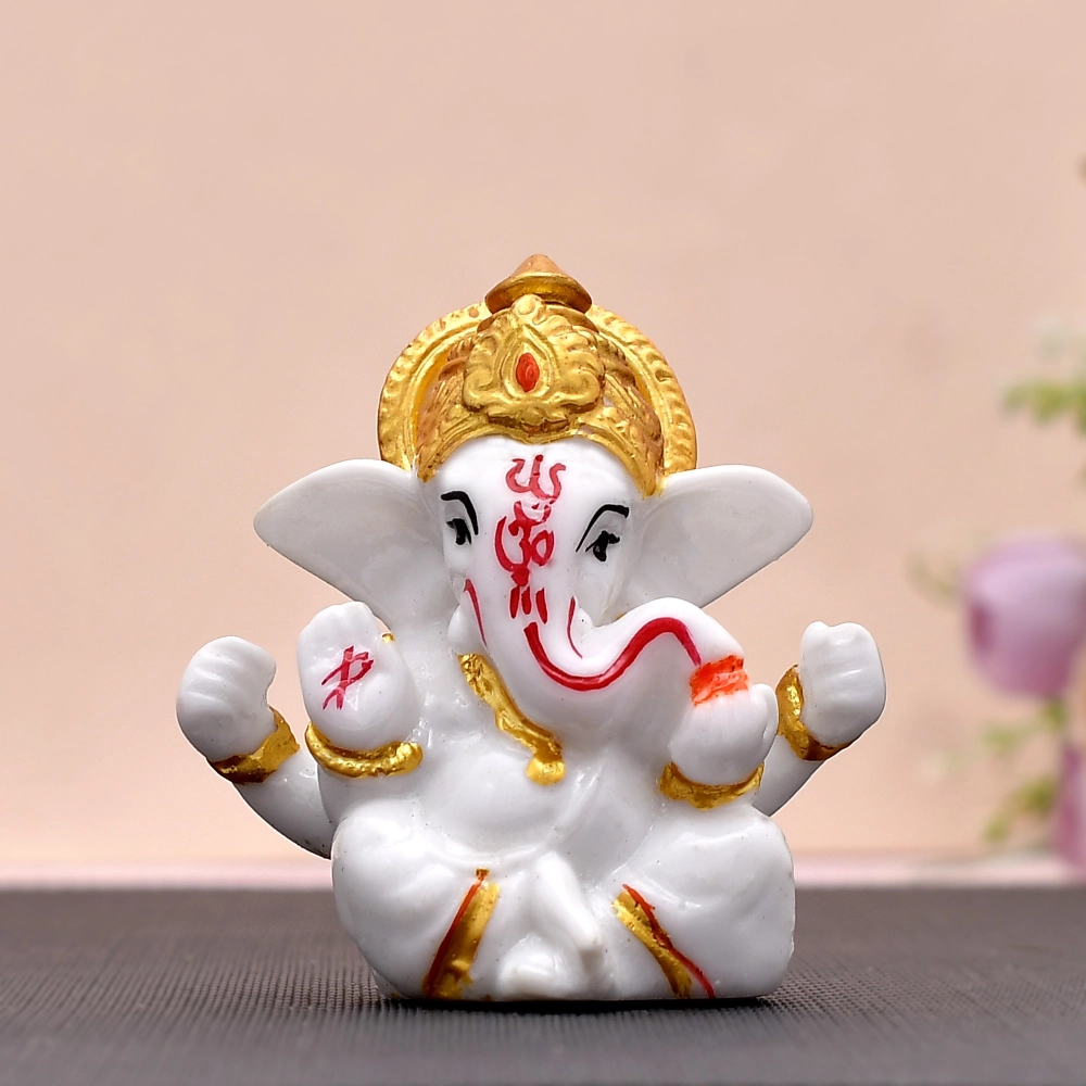 Ganesh Idol for Car Dashboard Ganpati Murti Figurine with Double Side Tape (Polyresin, White )