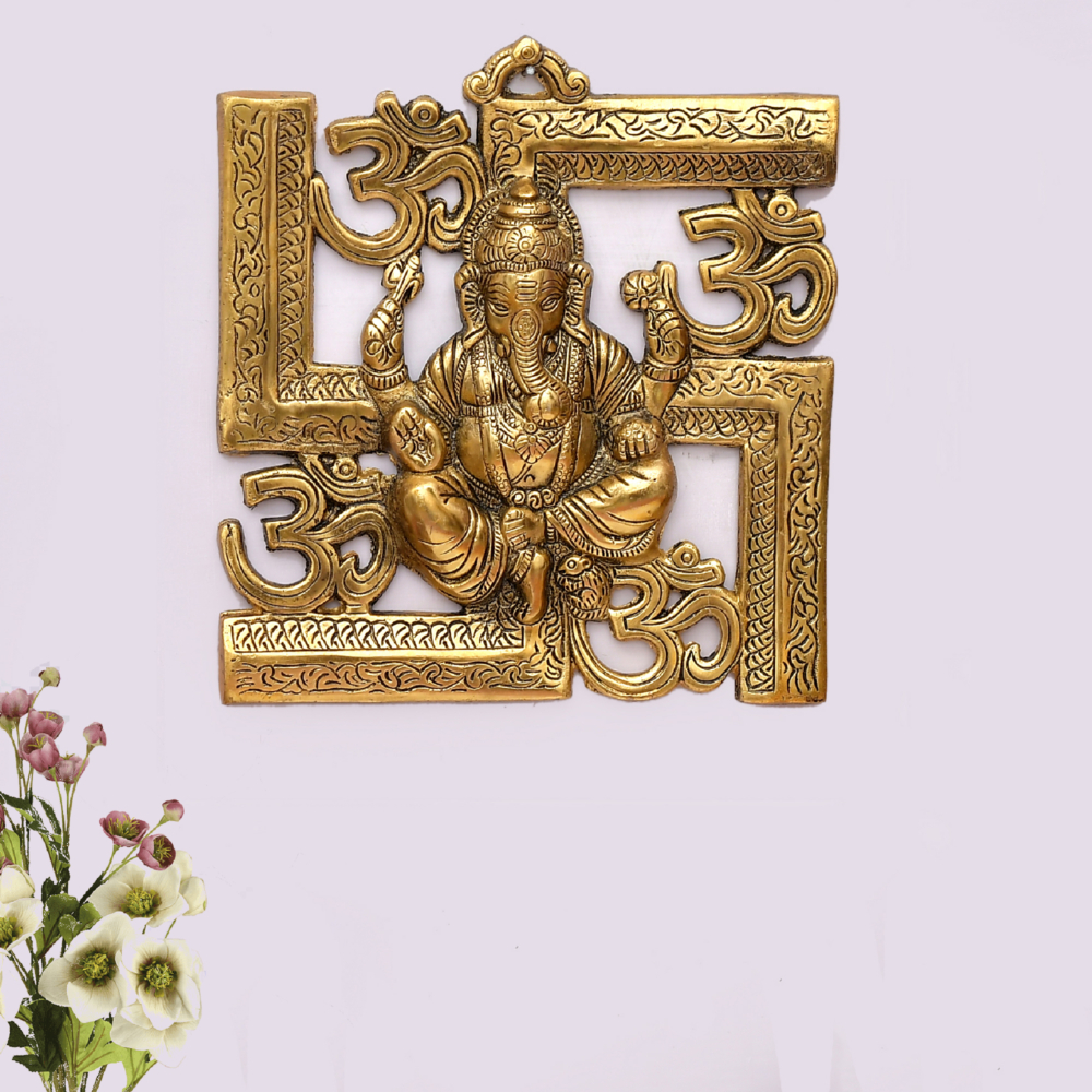Metal  Ganesha Om Swastika Wall Hanging Showpiece Figurine